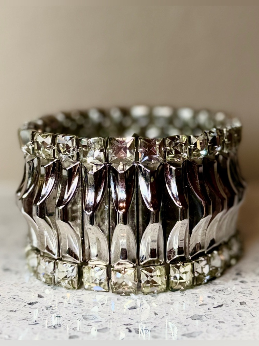 Vintage Rhinestone Stretch Bracelet Silver Tone Wide Statement Cuff Leading Lady